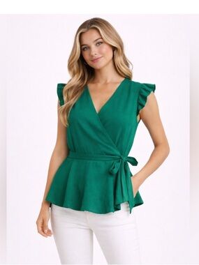 Monteau Green Wrap Peplum Blouse
